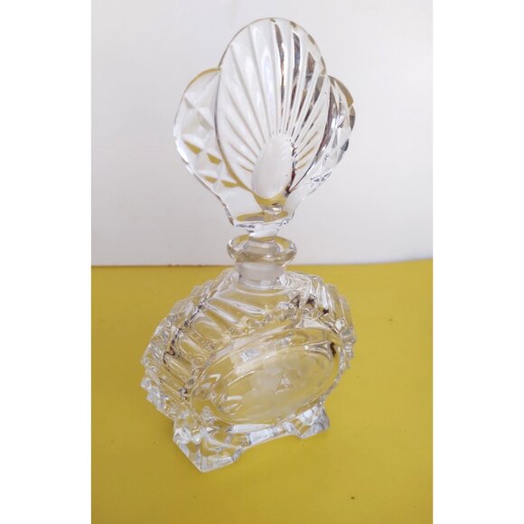 Vintage Crystal Perfume Bottle, Art Deco, Etched Glass Fan shaped stopper 7 1/4" - Picture 1 of 7